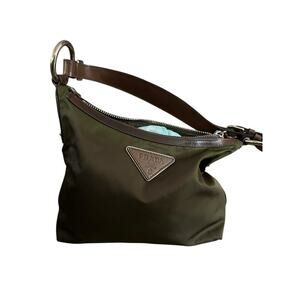 Prada Women khaki Green Brown Leather Trim silver Nylon Hobo Shoulder Bag purse